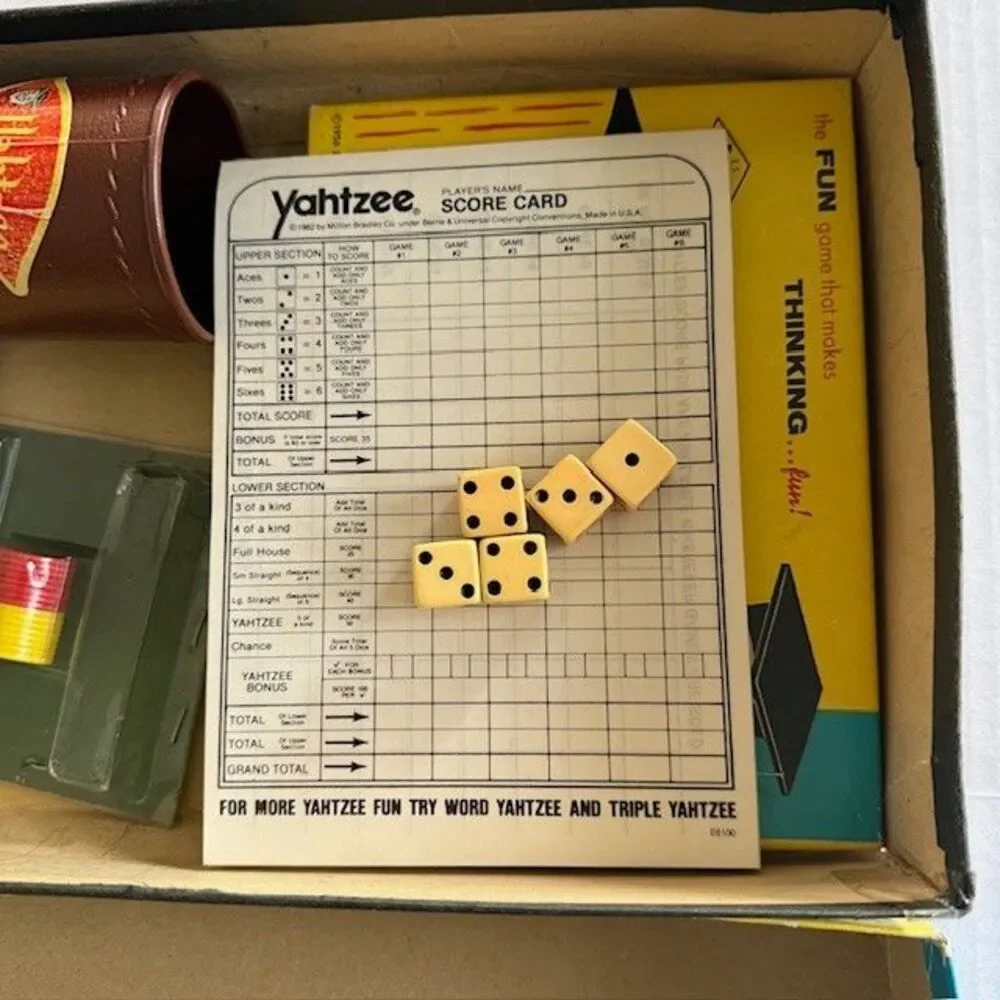 VINTAGE 1956 LOWE Yahtzee GAME and Yahtzee score pads Dice Original Box #950